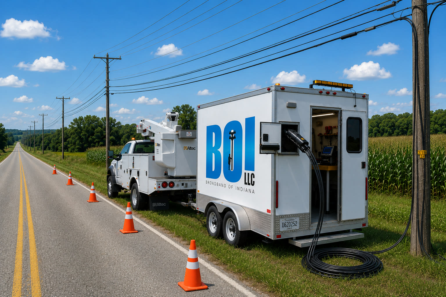 BOI splicing trailer staged roadside with fiber prepped for fusion splicing